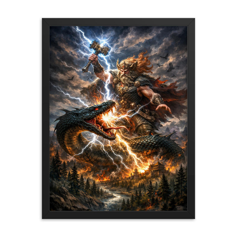 Perun striking the serpent over Slavic forest framed print on a plain backdrop in size 18