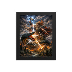 Perun striking the serpent over Slavic forest framed print on a plain backdrop in size 8"x10".