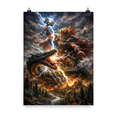 Perun striking the serpent over Slavic forest poster on a plain backdrop in size 8"x10".