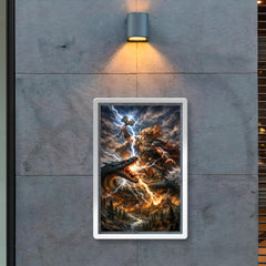 Perun striking the serpent over Slavic forest poster 2