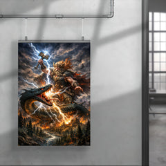 Perun striking the serpent over Slavic forest poster 4