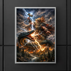 Perun striking the serpent over Slavic forest poster 5