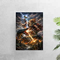 Perun striking the serpent over Slavic forest poster 7