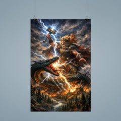 Perun striking the serpent over Slavic forest poster 9