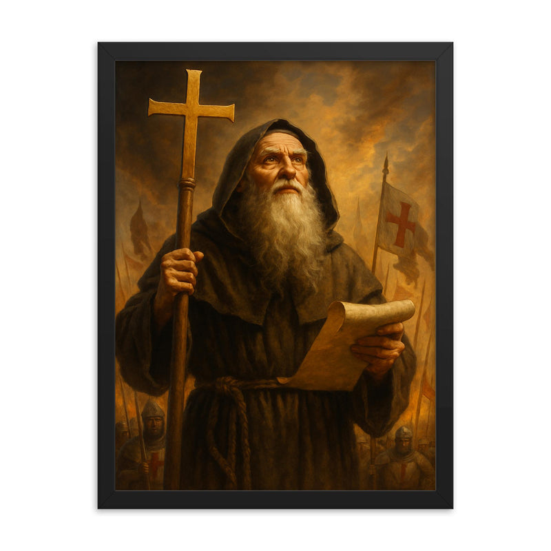Peter the Hermit framed print on a plain backdrop in size 18