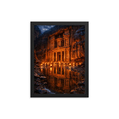 Petra Treasury by torchlight after rain framed print on a plain backdrop in size 12"x16".