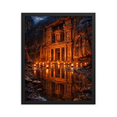 Petra Treasury by torchlight after rain framed print on a plain backdrop in size 16"x20".