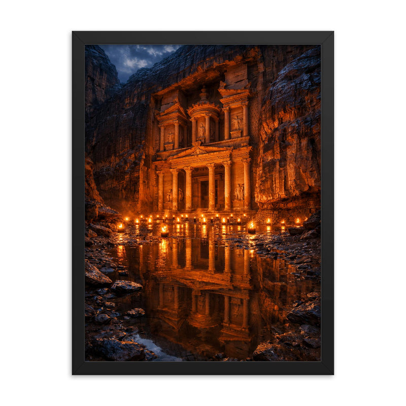 Petra Treasury by torchlight after rain framed print on a plain backdrop in size 18