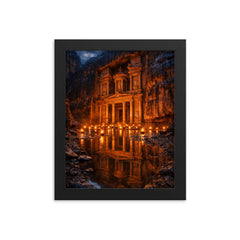 Petra Treasury by torchlight after rain framed print on a plain backdrop in size 8"x10".