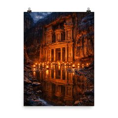 Petra Treasury by torchlight after rain poster on a plain backdrop in size 8"x10".