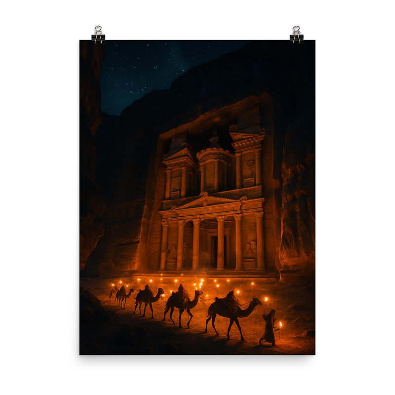Petra Treasury by torchlit caravan at night poster on a plain backdrop in size 8
