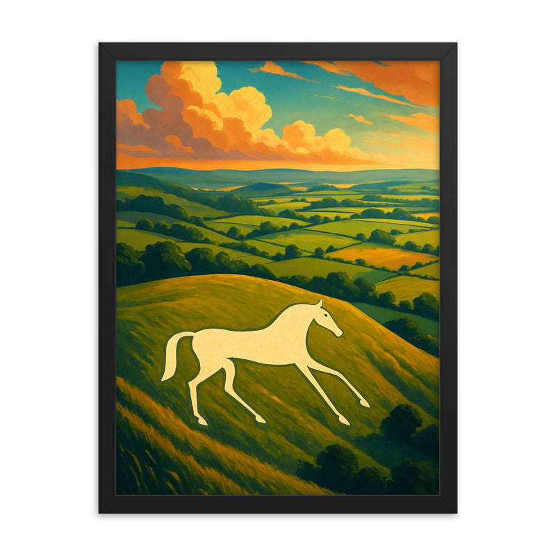 Pewsey White Horse England framed print on a plain backdrop in size 18