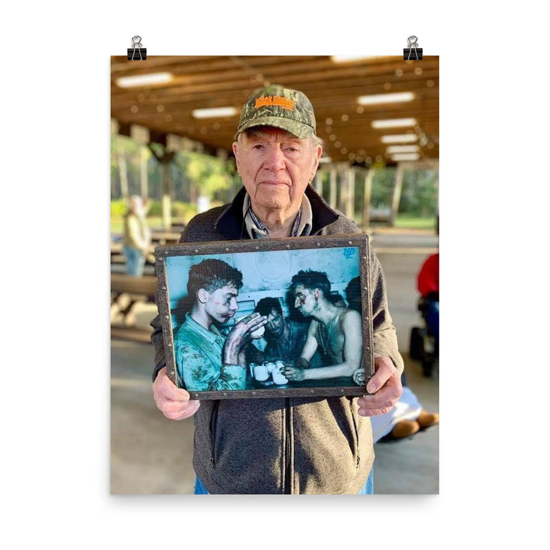 Pfc Faris Tuohy Holding a Photo After Battle on Eniwetok Atoll, 1944 poster on a plain backdrop in size 8