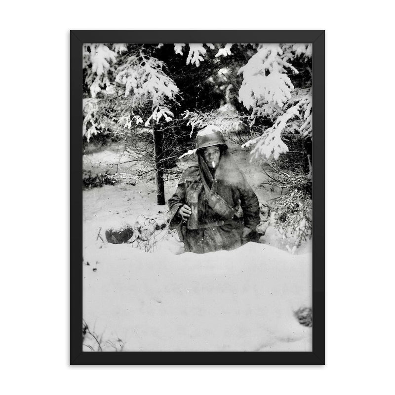 Pfc George A. Guckenberger in Foxhole, 506th PIR, 101st Airborne Division, Siege of Bastogne, January 14, 1945 framed print on a plain backdrop in size 18