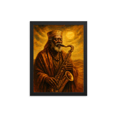Pharoah Sanders desert gold spiritual sax portrait framed print on a plain backdrop in size 12"x16".