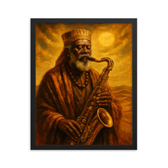 Pharoah Sanders desert gold spiritual sax portrait framed print on a plain backdrop in size 16"x20".
