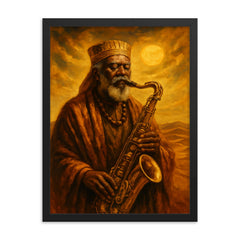 Pharoah Sanders desert gold spiritual sax portrait framed print on a plain backdrop in size 18"x24".