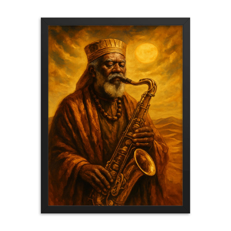 Pharoah Sanders desert gold spiritual sax portrait framed print on a plain backdrop in size 18