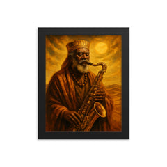 Pharoah Sanders desert gold spiritual sax portrait framed print on a plain backdrop in size 8"x10".