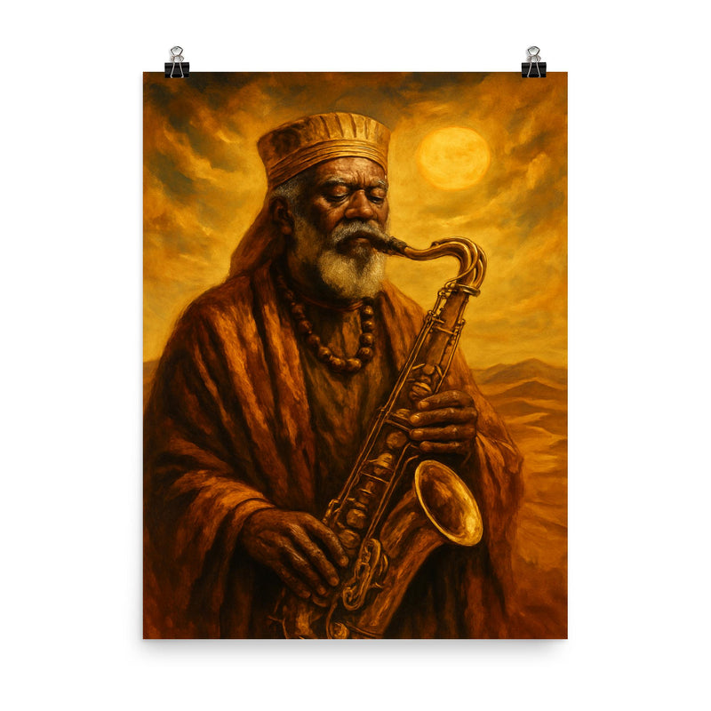 Pharoah Sanders desert gold spiritual sax portrait poster on a plain backdrop in size 8