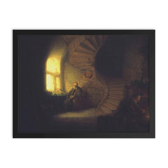 Philosopher in Meditation by Rembrandt van Rijn framed print on a plain backdrop in size 18"x24".