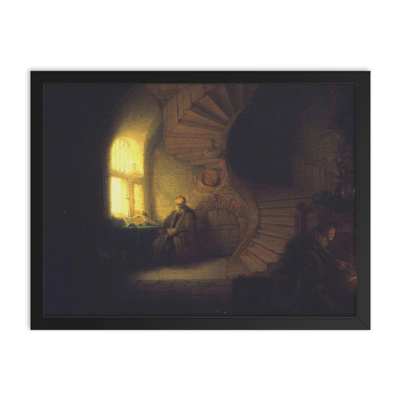 Philosopher in Meditation by Rembrandt van Rijn framed print on a plain backdrop in size 18