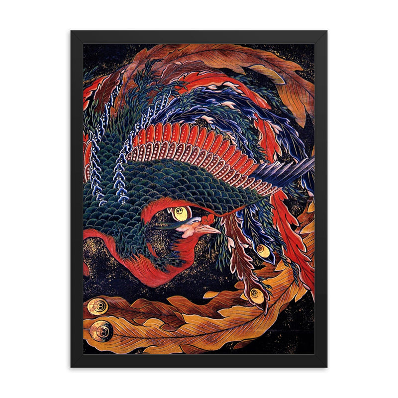 Phoenix by Hokusai framed print on a plain backdrop in size 18
