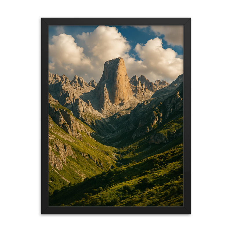 Picos de Europa Naranjo de Bulnes Spain framed print on a plain backdrop in size 18