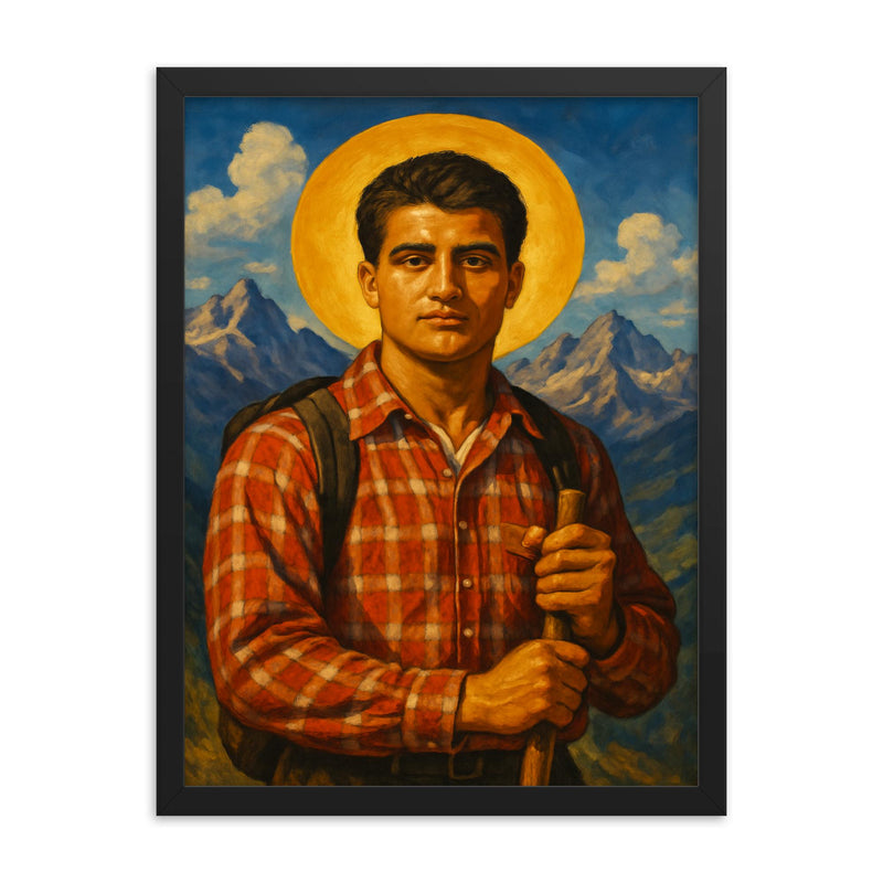 Pier Giorgio Frassati framed print on a plain backdrop in size 18