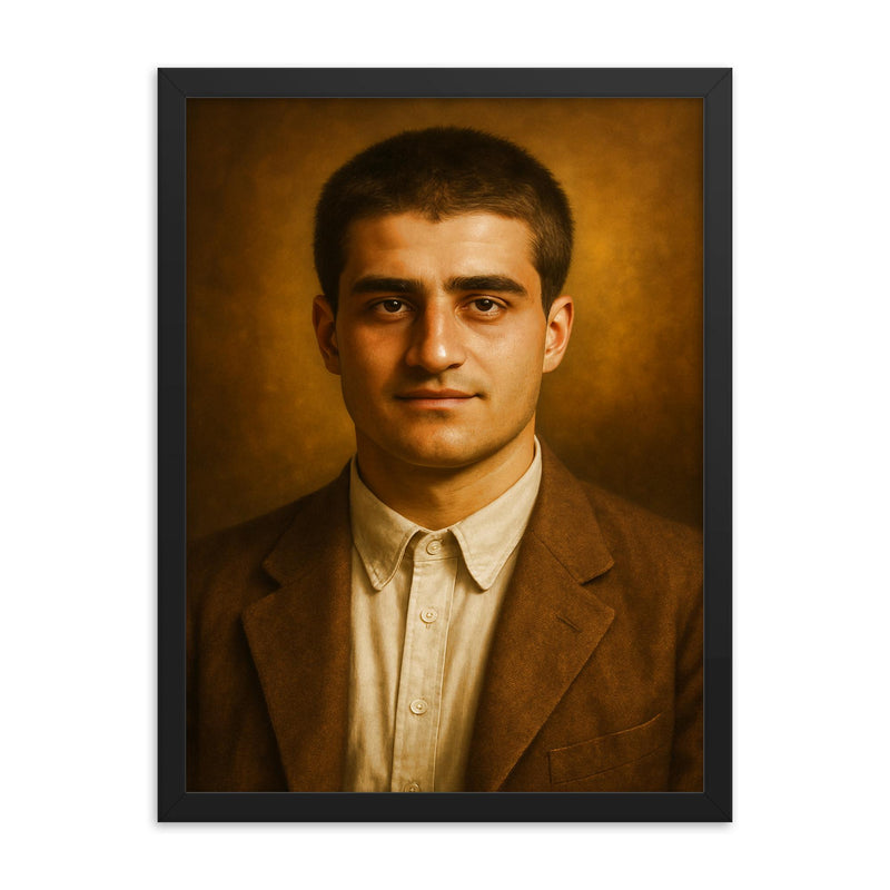 Pier Giorgio Frassati portrait framed print on a plain backdrop in size 18