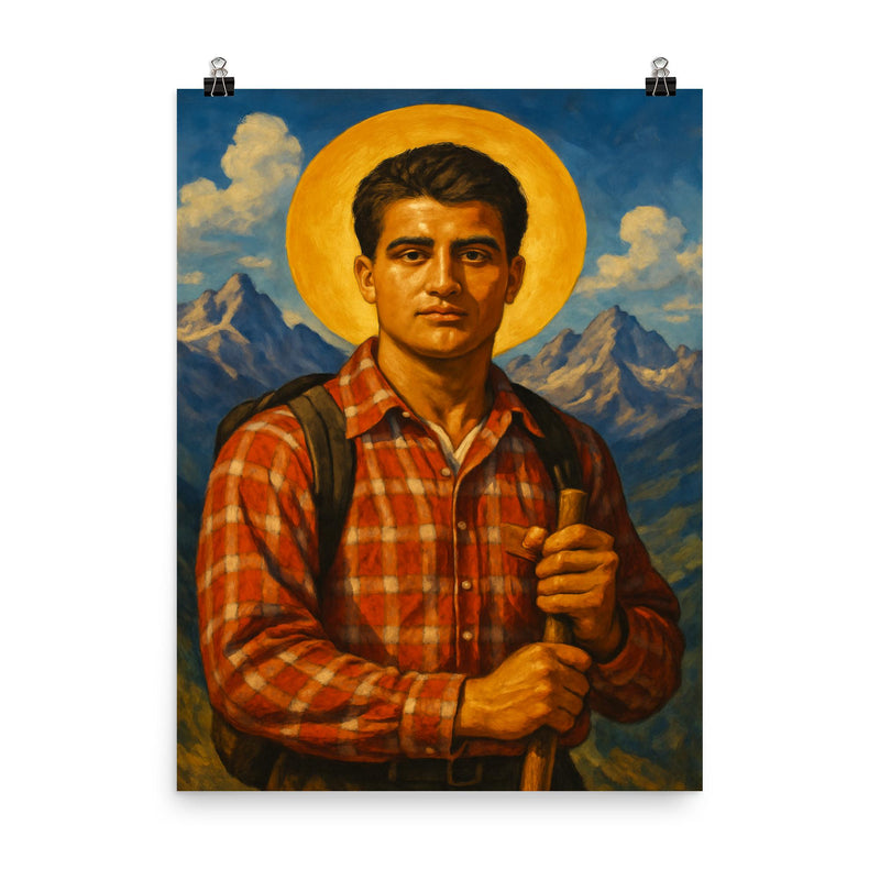 Pier Giorgio Frassati poster on a plain backdrop in size 8