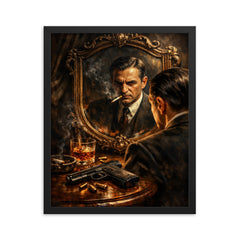 Pierre Drieu La Rochelle mirror and pistol framed print on a plain backdrop in size 16"x20".