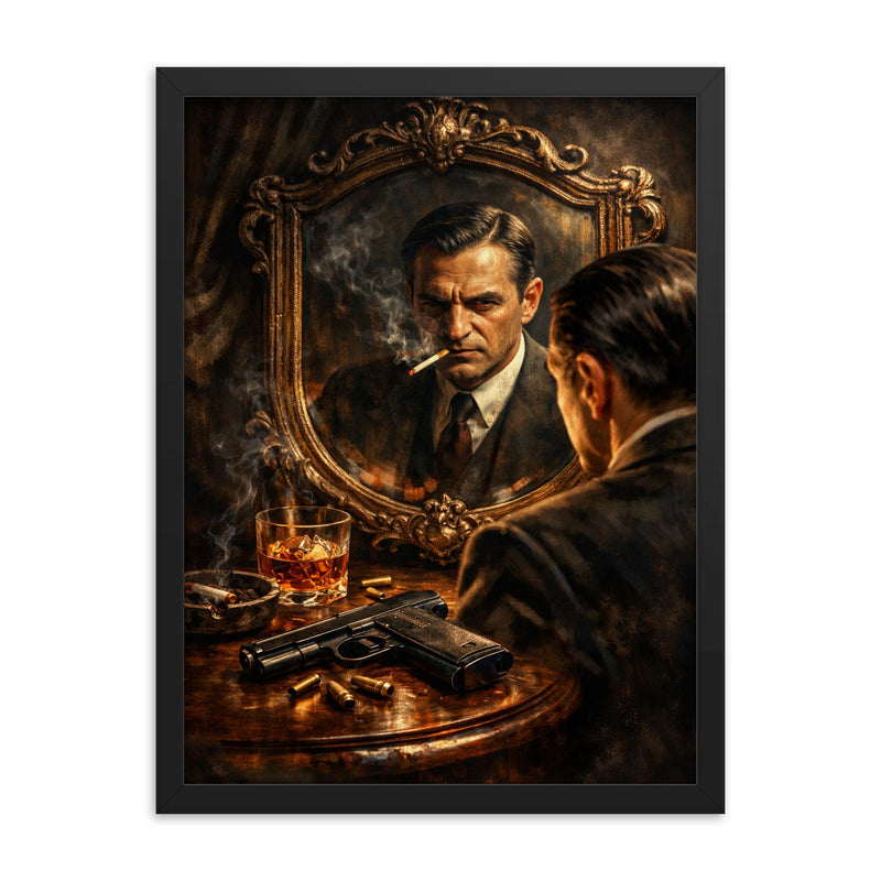 Pierre Drieu La Rochelle mirror and pistol framed print on a plain backdrop in size 18