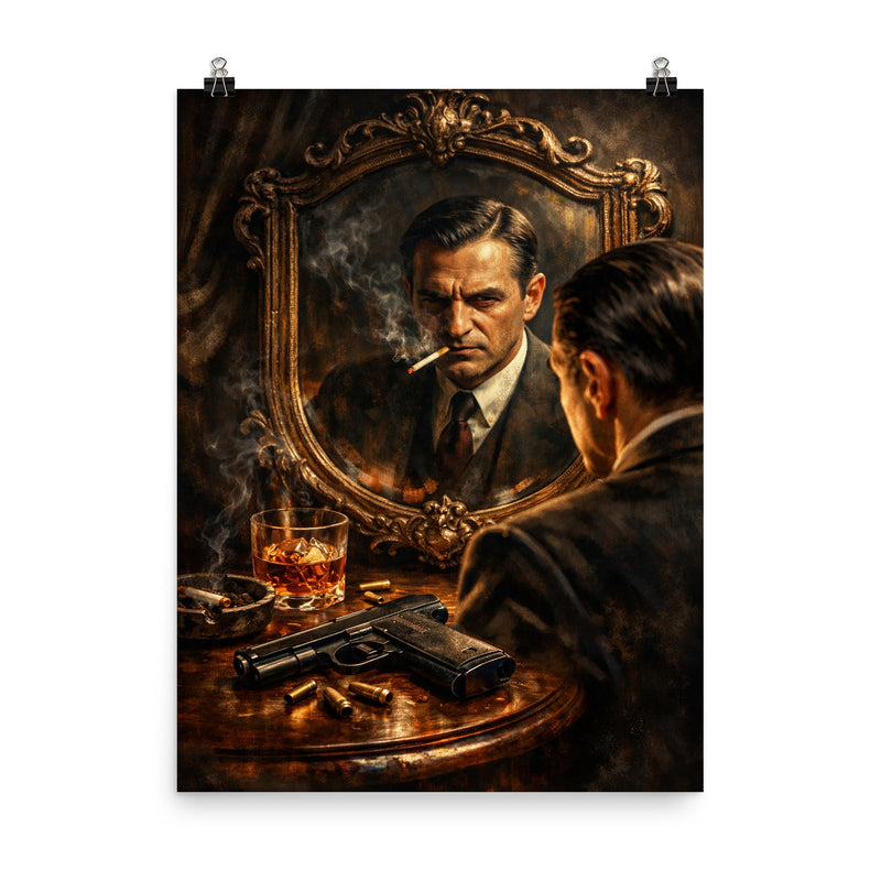 Pierre Drieu La Rochelle mirror and pistol poster on a plain backdrop in size 8