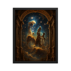 Pillars of Creation as baroque cosmic cathedral framed print on a plain backdrop in size 16"x20".