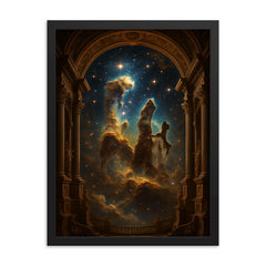 Pillars of Creation as baroque cosmic cathedral framed print on a plain backdrop in size 18"x24".