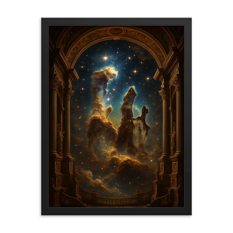 Pillars of Creation as baroque cosmic cathedral framed print on a plain backdrop in size 18