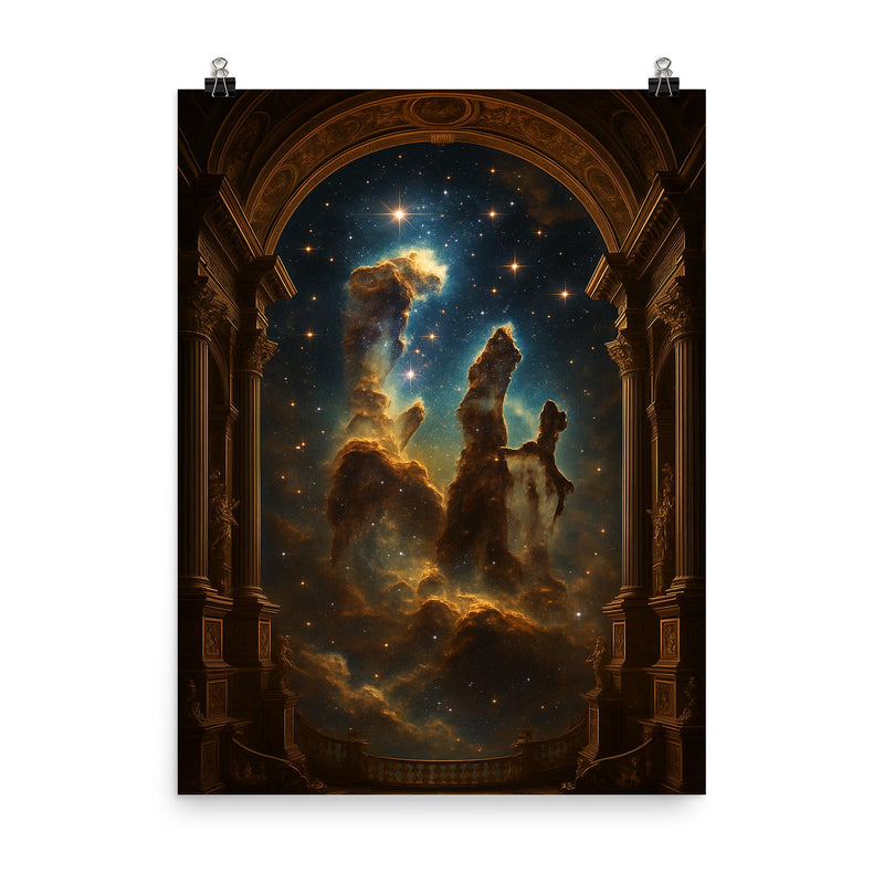 Pillars of Creation as baroque cosmic cathedral poster on a plain backdrop in size 8