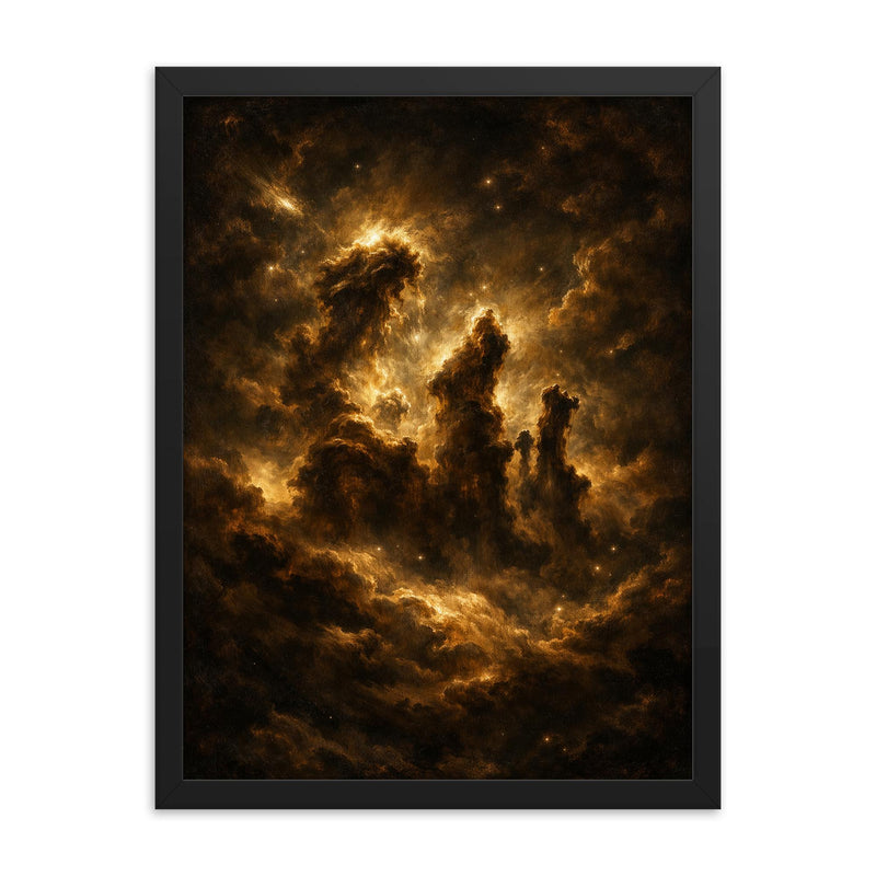 Pillars of Creation in baroque chiaroscuro framed print on a plain backdrop in size 18