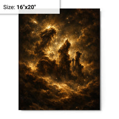 Pillars of Creation in baroque chiaroscuro metal print on a plain backdrop in size 16"x20".