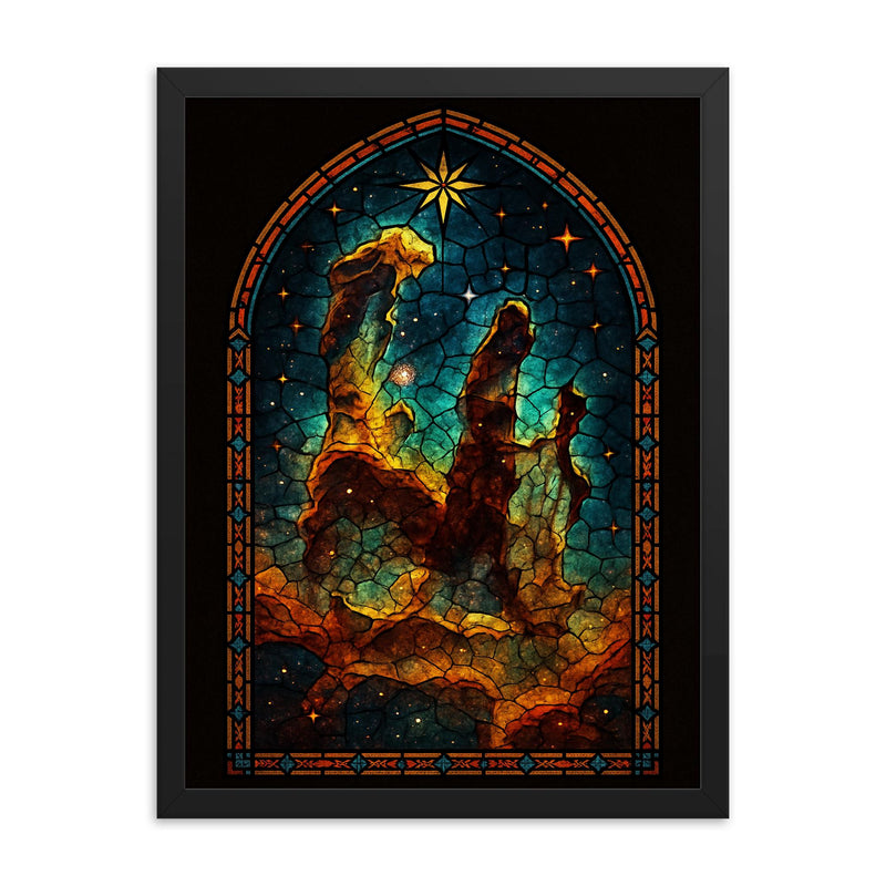 Pillars of Creation in gothic stained glass style framed print on a plain backdrop in size 18