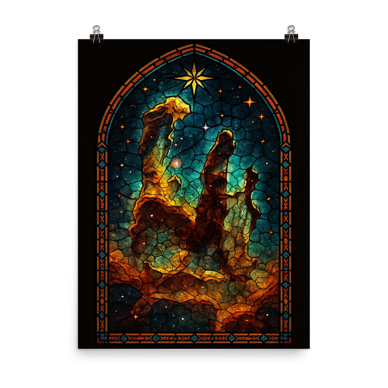 Pillars of Creation in gothic stained glass style poster on a plain backdrop in size 8
