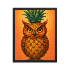 Pineappowl (a pineapple crossed with an owl, obviously) framed print on a plain backdrop in size 16"x20".