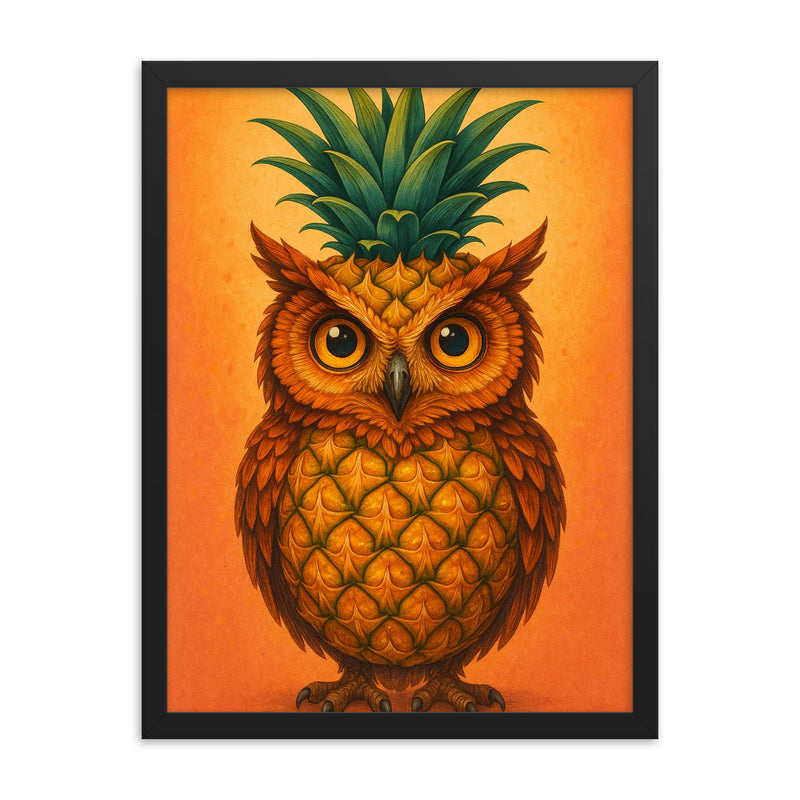 Pineappowl (a pineapple crossed with an owl, obviously) framed print on a plain backdrop in size 18