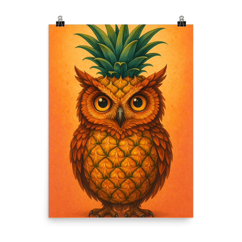 Pineappowl (a pineapple crossed with an owl, obviously) poster on a plain backdrop in size 8