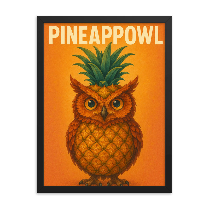 Pineappowl (an owl crossed with a pineapple) framed print on a plain backdrop in size 18