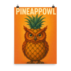 Pineappowl (an owl crossed with a pineapple) poster on a plain backdrop in size 8"x10".