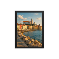 Piran Old Town Seafront Slovenia framed print on a plain backdrop in size 12"x16".