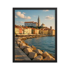 Piran Old Town Seafront Slovenia framed print on a plain backdrop in size 16"x20".