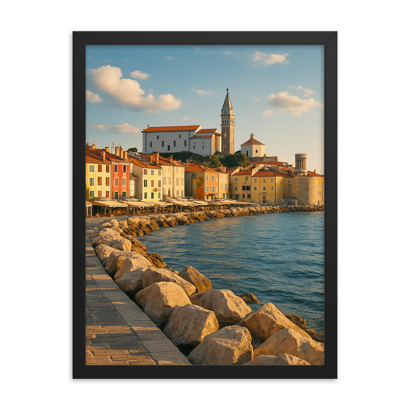 Piran Old Town Seafront Slovenia framed print on a plain backdrop in size 18